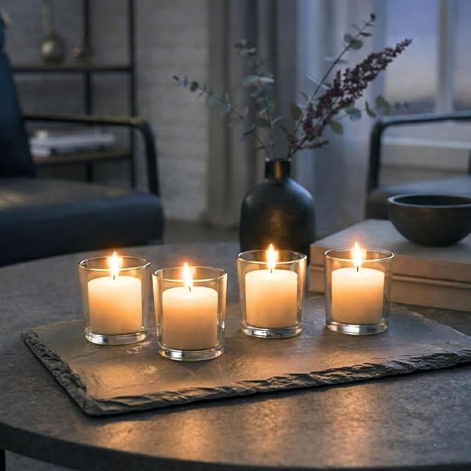 Set of 72 Richland Votive Candles Ivory Unscented and 72 Clear Glass Eastland Votive Holders