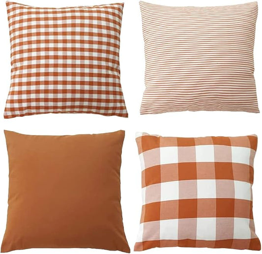 HOPLEE Orange Throw Pillow Covers 18x18 Farmhouse Cushion Cover with Buffalo Plaid, Solid Orange, Striped and Gingham Plaid Design 18x18 inch,4 Pack