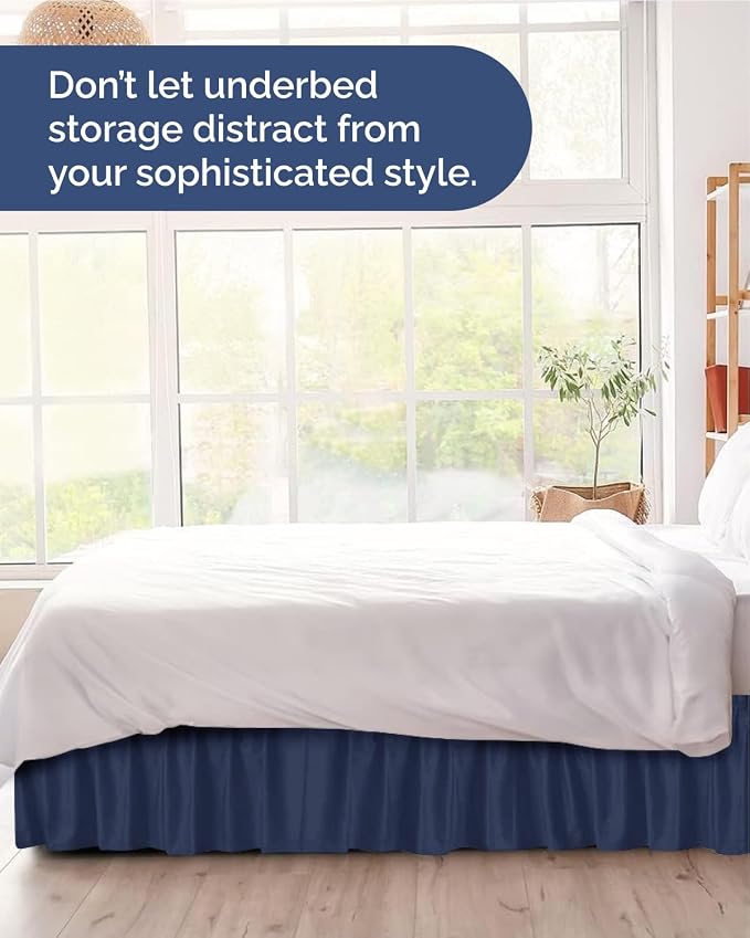 Wrap Around Dust Ruffle Bed Skirt, King Size Beds - 18 Inch Drop, Navy Blue | Easy Fit Elastic Strap, Adjustable Pleated Bedskirt w/Brushed Fabric, Wrinkle & Fade Free, for Women, Men, Kids & Teens