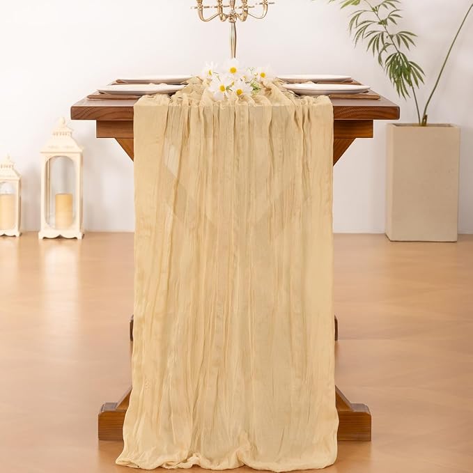 Cheesecloth Table Runner Fall Boho Wedding Birthday Party Home Decor | Sand Champagne 2pcs Rustic Gauze 10FT Cheese Cloth Sheer Farmhouse Runner for Baby Shower Bridal Holiday Decorations
