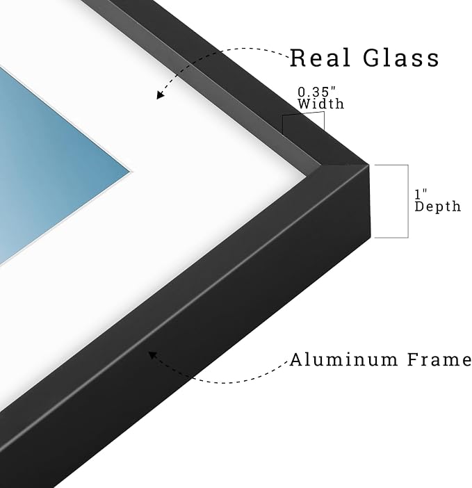 Frametory 12x12 Black Aluminum Metal Picture Frame Mat for 8x8 Glass
