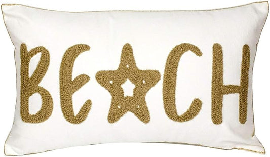 Embroidered Beach Throw Pillow Cover, Nautical Style Decorative Canvas Pillow Cover, 12 X 20 Inches, Wheat Beach