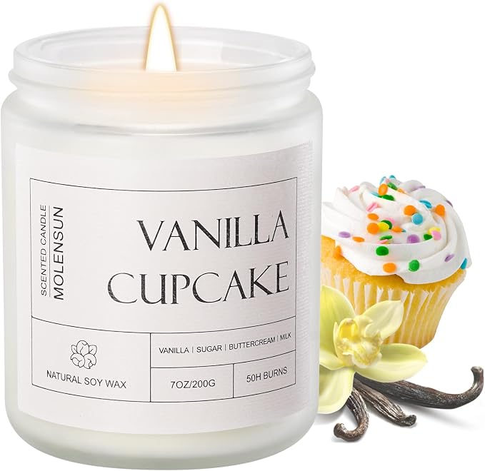 Molensun Vanilla Cupcake Scented Candle, Soy Wax 7 oz | Sweet vanilla cupcake aromatherapy fragrance; 50H burn long-lasting jar candle; Gift for women