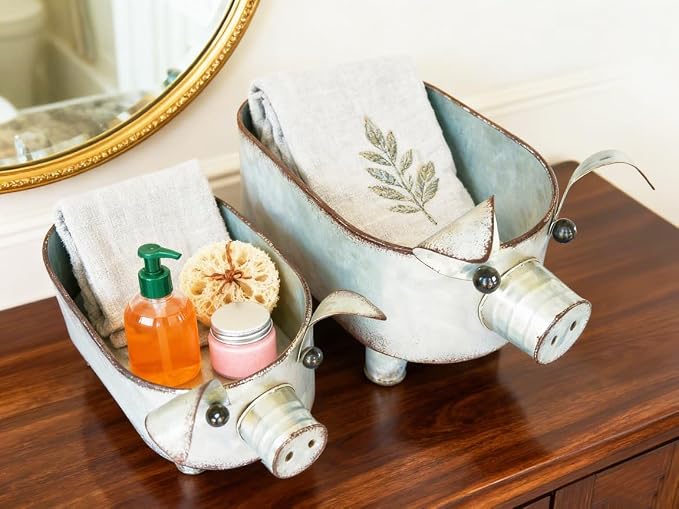 ShabbyDecor Galvanized Metal Rectangular Pig Tray Set of 2, Big and Small