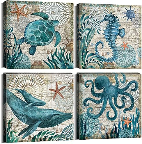 Bathroom Wall Art Beach Decor Ocean Sea Turtle Octopus Canvas Pictures Coastal Room Decor Teal Bathroom Accessories Vintage Whale Seahorse Poster Modern Nautical Painting Bedroom Home Decorations
