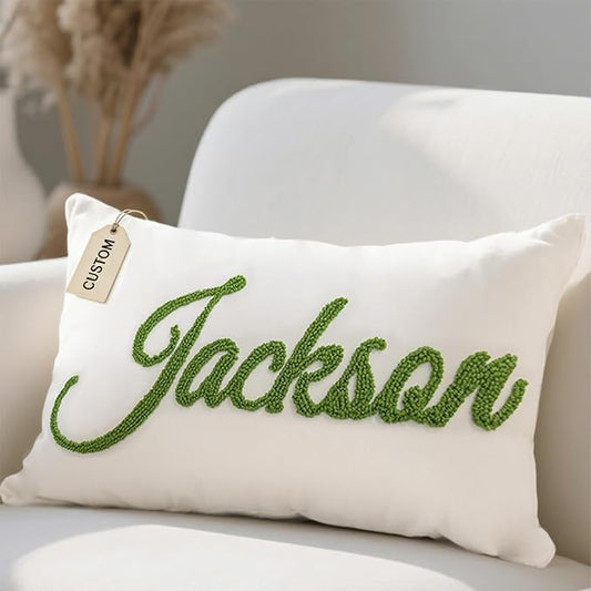 Personalized Embroidered Name Lumbar Pillow，Custom Monogram Throw Accent Handmade Pillows Cover，Customizable 12x20 Decorative Couch Bed Room Pillow Case Gifts for Kids Boy Girls
