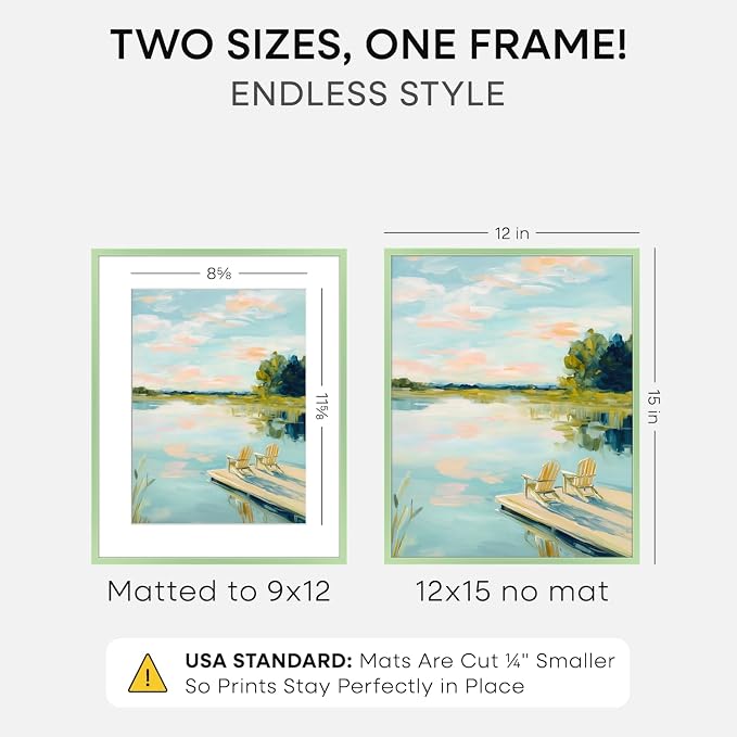 Homeforia 12x15 Green Picture Frame, High-End Metal, 9x12 Mat, Glass