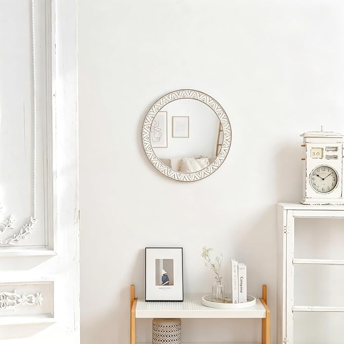 20" Round Rustic Mirror Wooden Frame Circle Mirrors, Distressed Wall Mounted Mirror for Bathroom, Bedroom, Living Room, Entryway, Fireplace, Hall