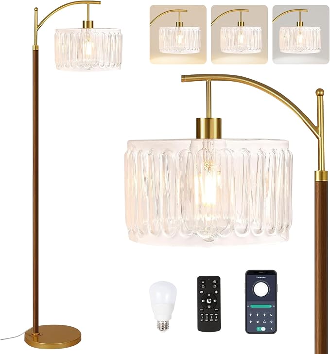 ILLMTW Arc Floor Lamp for Living Room,Bedroom,Glass Mid Century Modern Standing Lamp with Remote Dimmable,Wood Vintage Gold Tall Lamp White Lamp Shade Floor Lights Boho Bohemian Tiffany Style