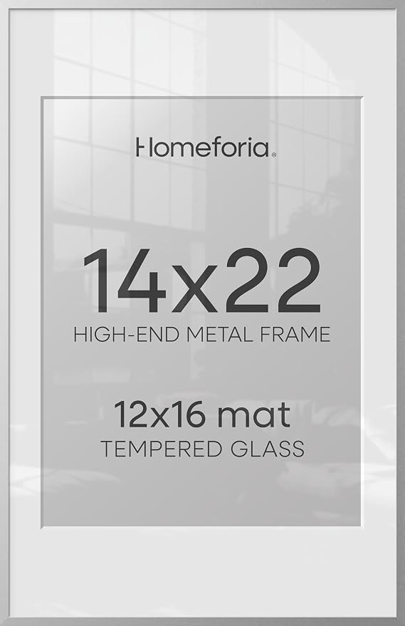 Homeforia 14x22 Silver Picture Frame, High-End Metal, 12x16 Mat, Glass