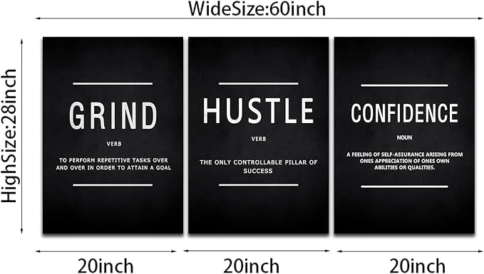 KAWAHONE Motivational Success Canvas Wall Art, Grind Hustle Confidence Wall Decor Framed Inspirational Entrepreneurs Painting Prints Quotes Poster for Office Workplace Ready to Hang