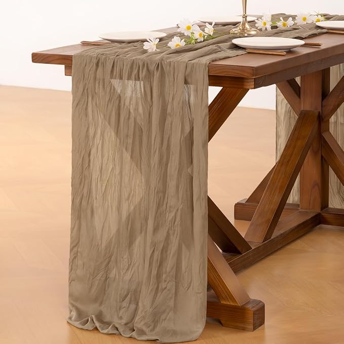 Cheesecloth Table Runner Fall Boho Wedding Birthday Party Home Decor | Nude Brown 3pcs Rustic Gauze 10FT Cheese Cloth Sheer Farmhouse Dining Runner for Baby Shower Bridal Holiday Decorations