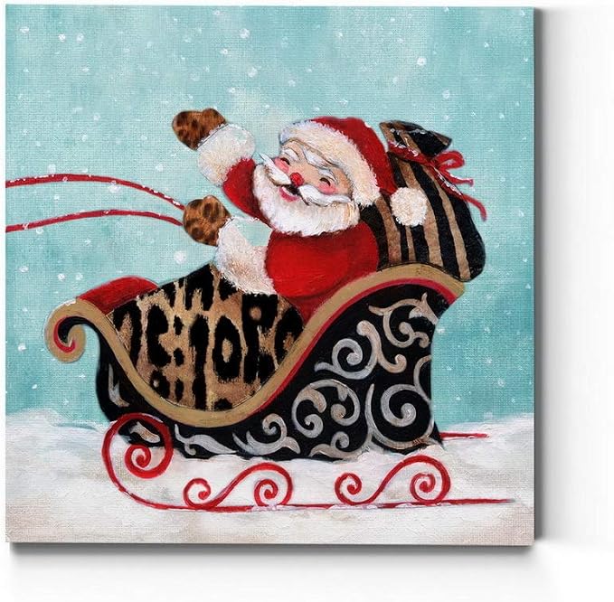 Renditions Gallery Xmas Canvas Wall Art Prints for Home Decor Santa riding Sliegh in Winter Snow Abstract Artowrk for Bedroom Dining Office Kitchen Decorations - 10"X10" LT05