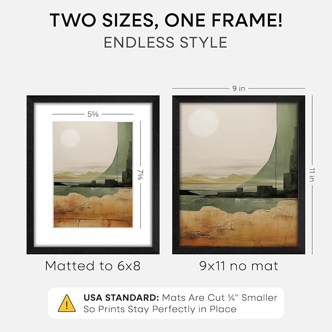 Homeforia 9x11 Black Oak Picture Frame, High-End Wood, 6x8 Mat, Glass