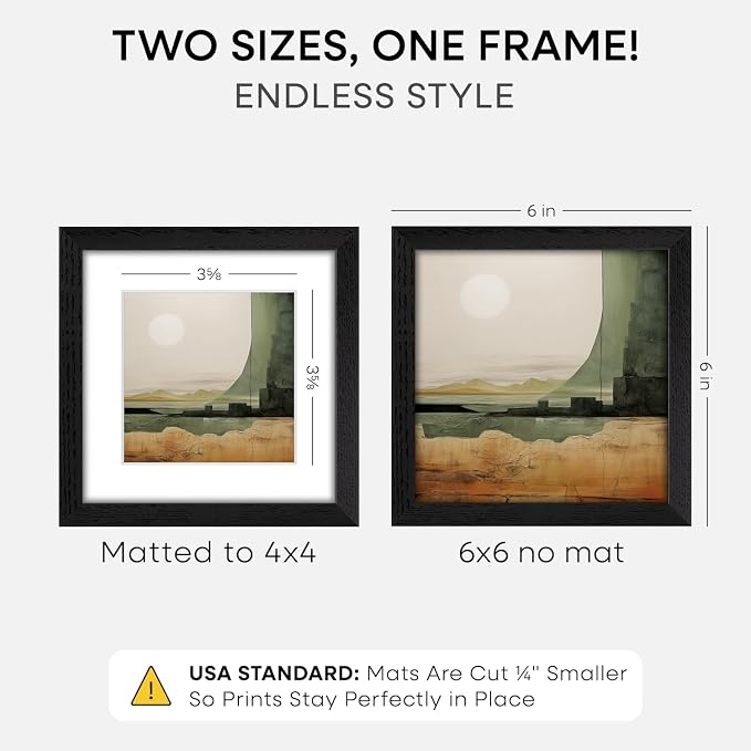 Homeforia 6x6 Black Oak Picture Frame, High-End Wood, 4x4 Mat, Glass
