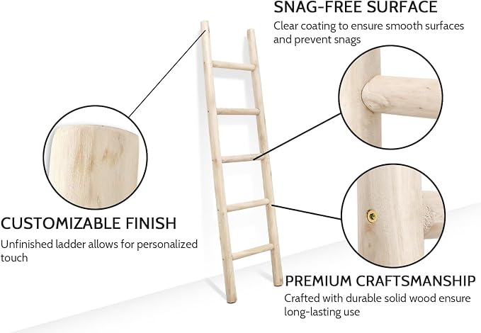 FUIN Blanket Ladder, 57in Rustic Solid Wood Decorative Ladder, Natural | Farmhouse living room accent, Layered blanket towel quilt display, Visible wood grain, Bathroom and Bedroom use