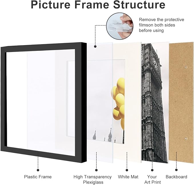 8x8 Picture Frame Set of 9, Display Pictures 4x4 with Mat or 8x8 without Mat, Multi Collage Gallery Square Photo Frames for Wall or Tabletop, Black