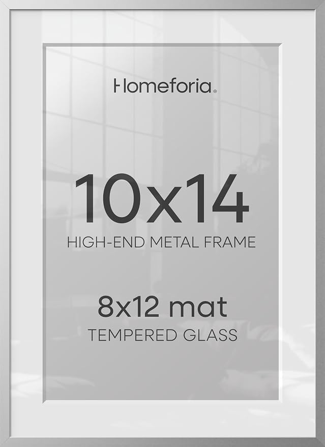 Homeforia 10x14 Silver Picture Frame, High-End Metal, 8x12 Mat, Glass