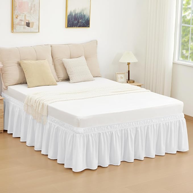 Bright White Bed Skirt Twin Size 15" Drop, Elastic Wrap Around Bedskirt | Solid Ruffled, Easy to Use, No Mattress Lifting, Wrinkle & Fade Resistant, with Adhesive Strips, Machine Wash/Dry/Iron