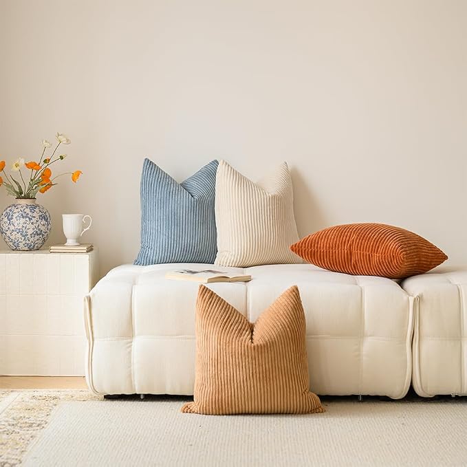 LANANAS Decorative Corduroy Throw Pillow Covers 18x18 Inch Cream-Orange | Set of 4 Neutral Couch Farmhouse Boho Throw Pillows for Living Room, Couch, Bed, Sofa Soft Accent Home Decor
