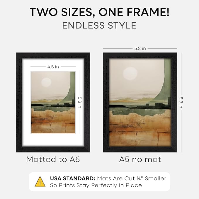 Homeforia A5 Black Oak Picture Frame, High-End Wood, A6 Mat, Glass