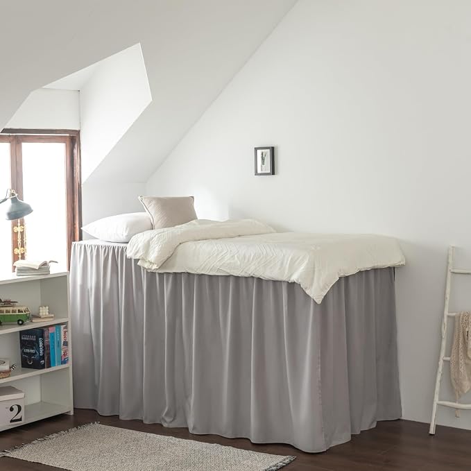 Dorm Bed Skirt Twin XL 46 Inch Drop Length | Light Grey, Ruffled Pattern College Dorm Room Bed Skirts - Split Corner, Easy Care, Microfiber Bed Skirt