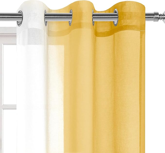 DWCN Ombre Sheer Curtains - Faux Linen Semi Voile Gradient Light-Filtering Bedroom and Living Room Curtains, Set of 2 Grommet Top Window Drape Panels, 42 x 84 Inch Length, Mustard Yellow