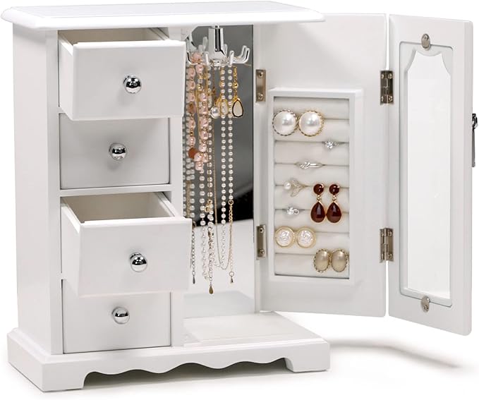 Kendal Wooden Jewelry Box for Women, Solid Jewelry Organizer, Jewelry Holder Organizer, Mothers Day Gifts, Wood Jewelry Case with Mirror for Necklaces, Earring, Rings (4 Drawer, White)