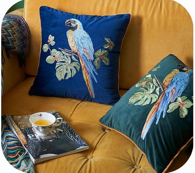 Luxury Embroidery Parrot Throw Pillowcase Gold Embroidered Velvet Cloth Cushion Cover Decorative Animal Bird Print Parrot Pillow Cover for Preppy Stuff Room 1PCS (Color-3)