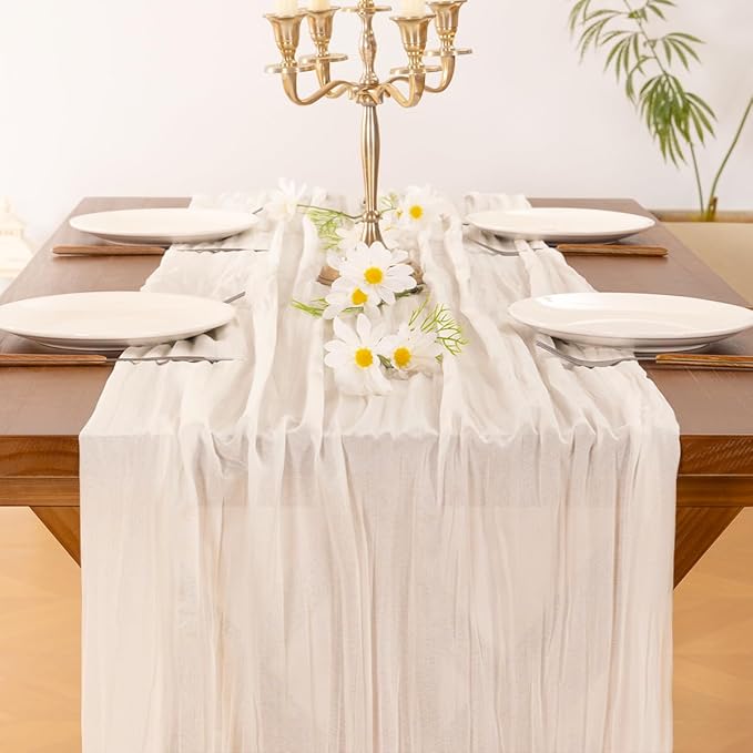 Cheesecloth Table Runner White Fall Boho Wedding Birthday Party Home Decor | Ivory White 15pcs Rustic Gauze 10FT Cheese Cloth Sheer Farmhouse Dining Runner for Baby Shower Bridal Holiday Decorations