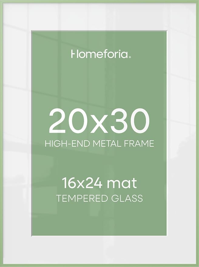 Homeforia 20x30 Green Picture Frame, High-End Metal, 16x24 Mat, Glass