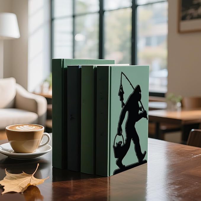 WADORN Bigfoot Fishing Metal Decorative Bookend for Shelves 1 Pair, Heavy Duty Book Ends Unique Non-Skid Books Holder Stand Black Book Support Stoppers for Desk Bookshelf Office Home, 5.3x4.3x7.9 Inch