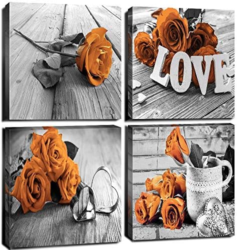 Black and White Bedroom Wall Decor Orange Rose Canvas Prints Art Aesthetic Flower Painting Picture 4 Pcs Sets Accessories Gray Wood Grain Mordern Valentines Office Bathroom Artwork Girls Gift 8 x 8"