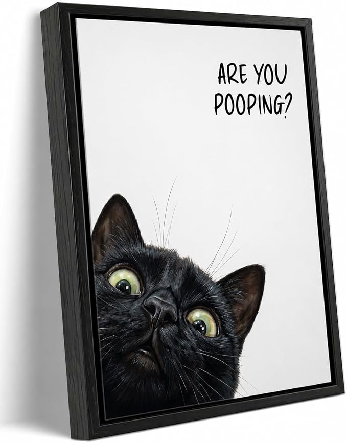 Framed Funny Bathroom Wall Art, Black Cat Are You Pooping Canvas Print, Minimalist Black and White Humor Bathroom Animal Decor for Restroom Toilet 12x16in