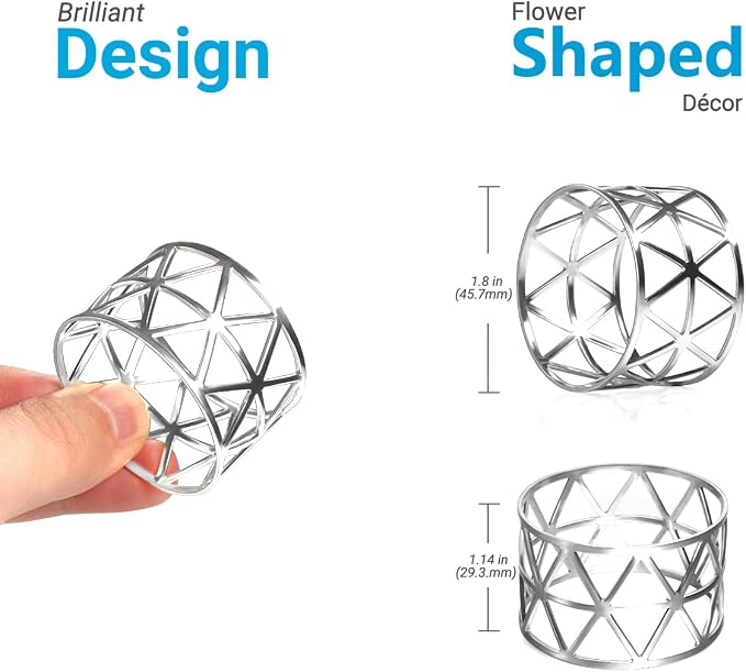 12 Pack Napkin Rings Holders Silver Color Hollow Design Décor Dinner Party Wedding Christmas Gathering (Silver) | Hollow Design, Décor for Dinner Party, Wedding, Christmas Gathering