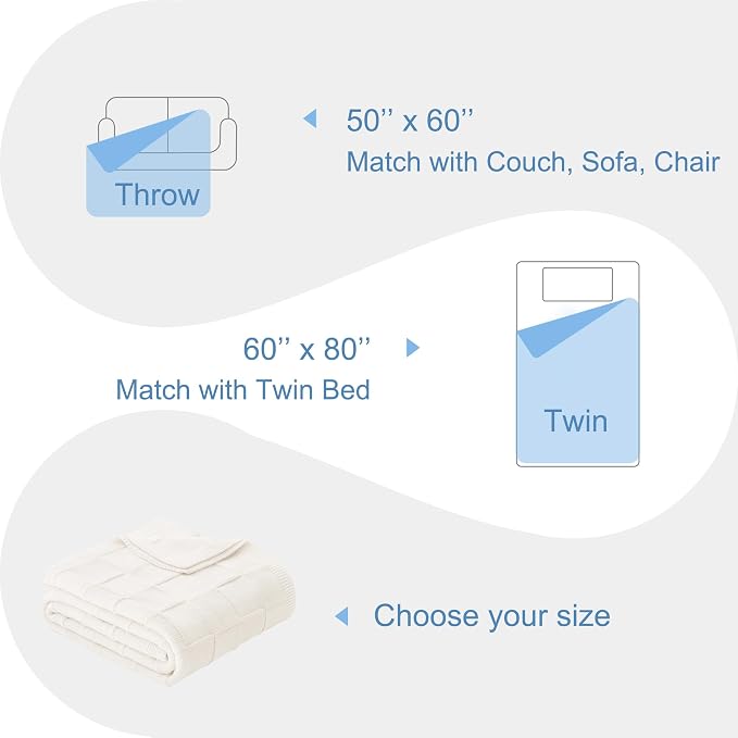 Whale Flotilla Checkered Knit Throw Blanket for Couch, Ivory | Soft Decorative Knitted Blankets for Couch Sofa Bed, Lightweight Cozy Throws for Spring Summer, 50x60 Inch