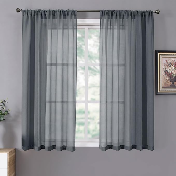 Tollpiz Short Sheer Curtains Linen Textured Living Room Curtain Sheers Light Filtering Rod Pocket Voile Curtains for Bedroom, 42 x 45 inches Long, Dark Grey, Set of 2 Panels