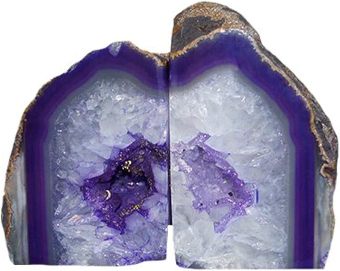 JIC Gem Dyed Purple Agate Geode Bookends Crystal Book Hold for Shelves | 1 Pair, 3-4 Lbs Decorative Gemstone Stoppers with Non-Skid Rubber Bumpers for Tabletop Decor Cute Crystal Supports Gift