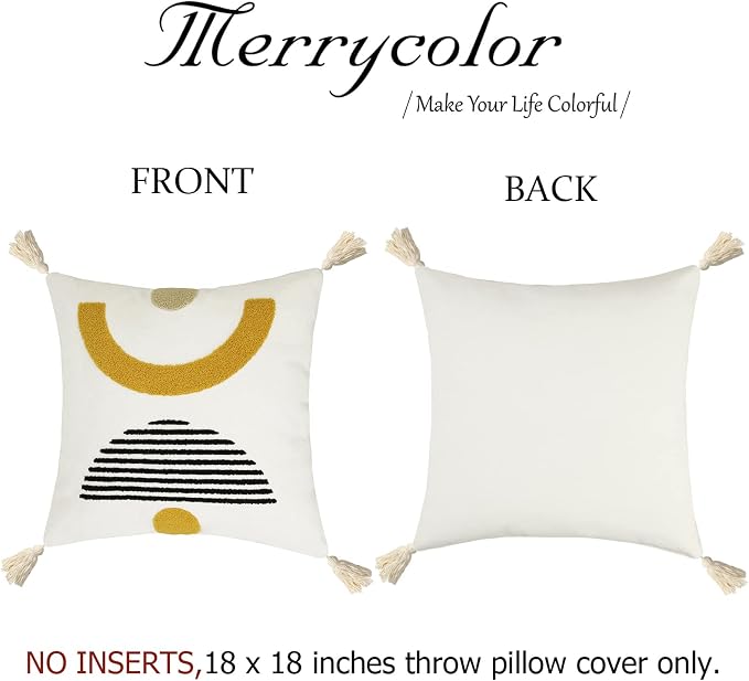 Merrycolor Boho Throw Pillow Covers with Tassels 18x18 Yellow Mid Century Modern Throw Pillows Geometric Decorative Abstract Pillow Cases Textured Boho Accent Pillows for Bed Couch Living Room,1PC