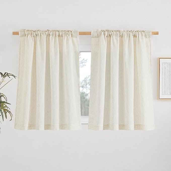 NICETOWN Natural Linen Small Window Curtains 48 inches Long, Rod Pocket & Back Tab Privacy Added Window Treatments Light Filtering Drapes for Kitchen, W42 x L48, 2 Panels