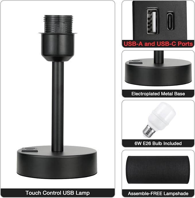 Black Touch Table Lamp for Bedroom - Small Bedside Desk Lamp for Kids