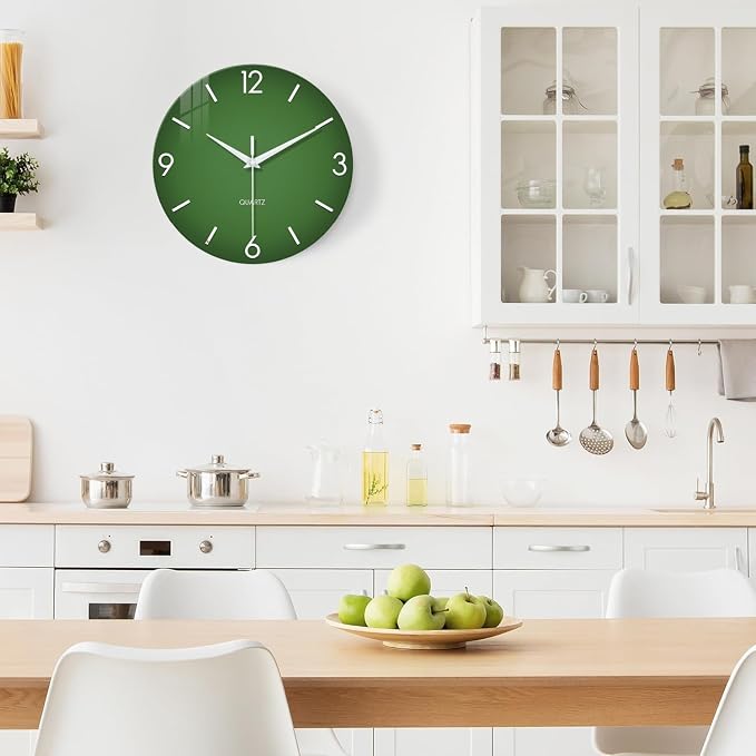 XFM Modern Green Wall Clock 14 Inch Silent Non-Ticking | Battery Operated Simple Minimalist Quartz Decorative for Living Room Bedroom Office Decor