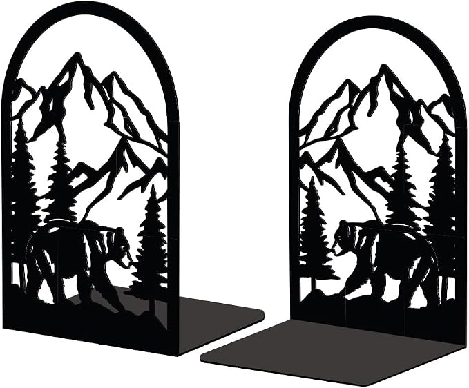 Peacoblue 5.3"x4.3"x7.9" Metal Bookends, Heavy Duty Book Ends for Shelves | Mountain and Forest with Bear Theme Cast Iron Book Supports, 1 Pair Decor Stoppers for Desk, Library, Office & Home Shelves