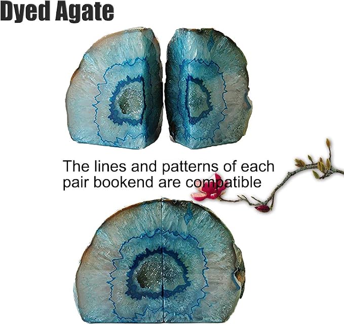 Agate Geode Bookends Heavy Duty Teal Crystal Stone Book Holders Decorative | Polished Stone Book Stoppers Supports Home Office Decor with Rubber Bumpers Dyed Teal 1 Pair, 2-3 LBS