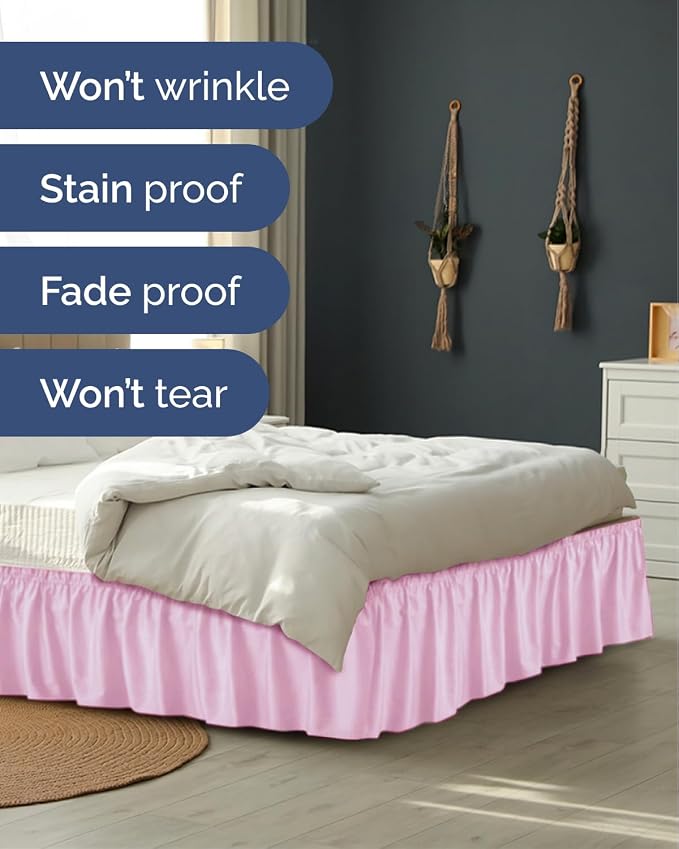 Wrap Around Dust Ruffle Bed Skirt, Full Size - 15 Inch Drop, Light Pink | Easy Fit Elastic Strap, Adjustable Pleated Bedskirt w/Brushed Fabric, Wrinkle & Fade Free, for Women, Men, Kids & Teens