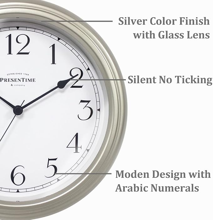 Presentime Chic Home Collection 10" Molly Clock | Silent No Ticking, Silver Color. Modern Decorative Wall Clock for Kitchen, Kid's Room, Bathroom, Bedroom, and Office