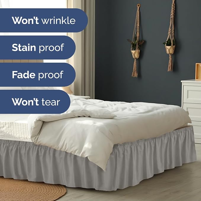 Wrap Around Dust Ruffle Bed Skirt, Queen Size - 24 Inch Drop, Light Grey | Easy Fit Elastic Strap, Adjustable Pleated Bedskirt w/Brushed Fabric, Wrinkle & Fade Free, for Women, Men, Kids & Teens