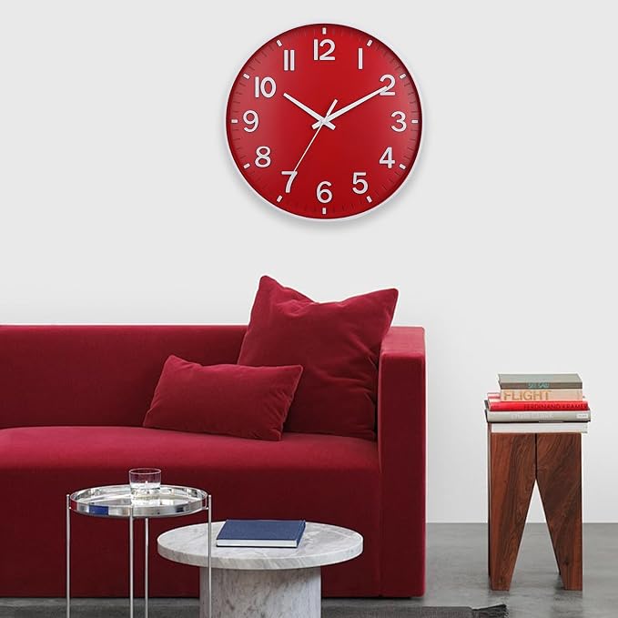 HZDHCLH 12 Inch Silent Wall Clock Battery Operated Non Ticking Red | 12 inch Silent Non Ticking Modern Christmas Wall Clock for Living Room Bedroom Kitchen Office Classroom Decor