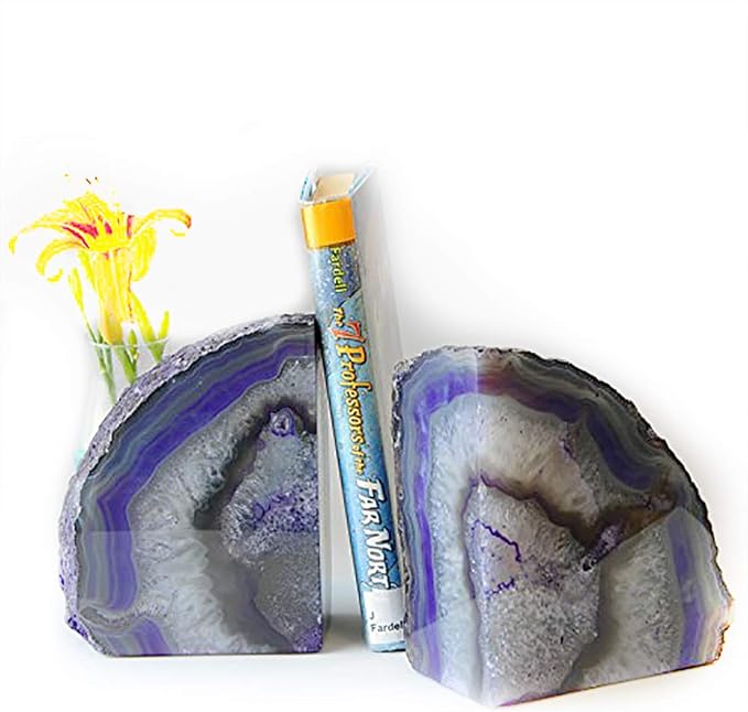 JIC Gem Purple Agate Geode Bookends Heavy Duty Crystal Stone Book Holders | Dyed Polished Gemstone Book Stoppers for Shelves,Decorative Holders with Non-Skid Rubber Bumpers for Decor,1 Pair, 6-8 Lbs