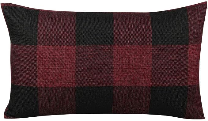VAKADO 12x20 Inch Pack of 2 Farmhouse Retro Check Plaids Lumbar Throw Pillow Covers Decorative Rectangle Christmas Cushion Cases for Sofa Couch Car, Red and Black